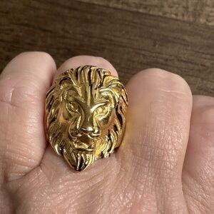 Gold Lion Head Cocktail Ring 3D teeth growl roar